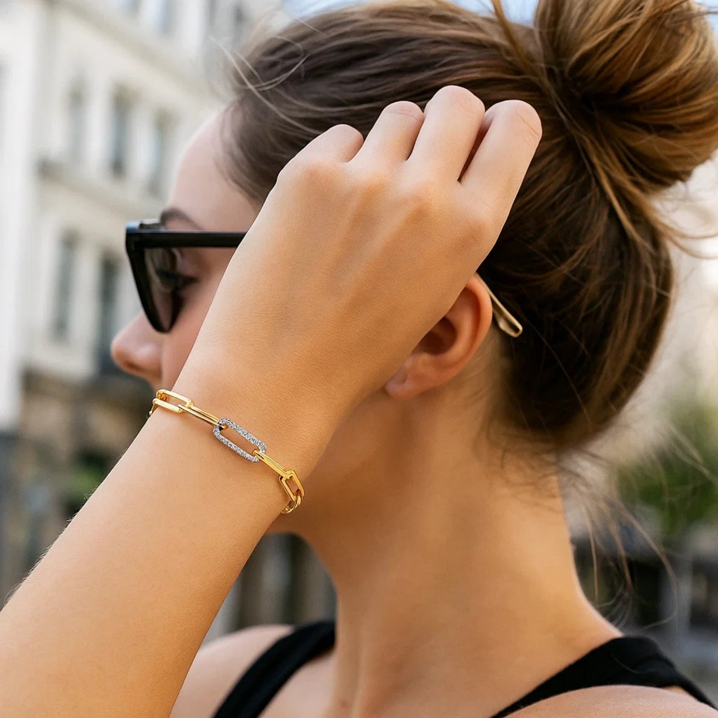 14k Yellow Gold inch Paperclip Chain Bracelet with Three Diamond Links (2.00 mm)