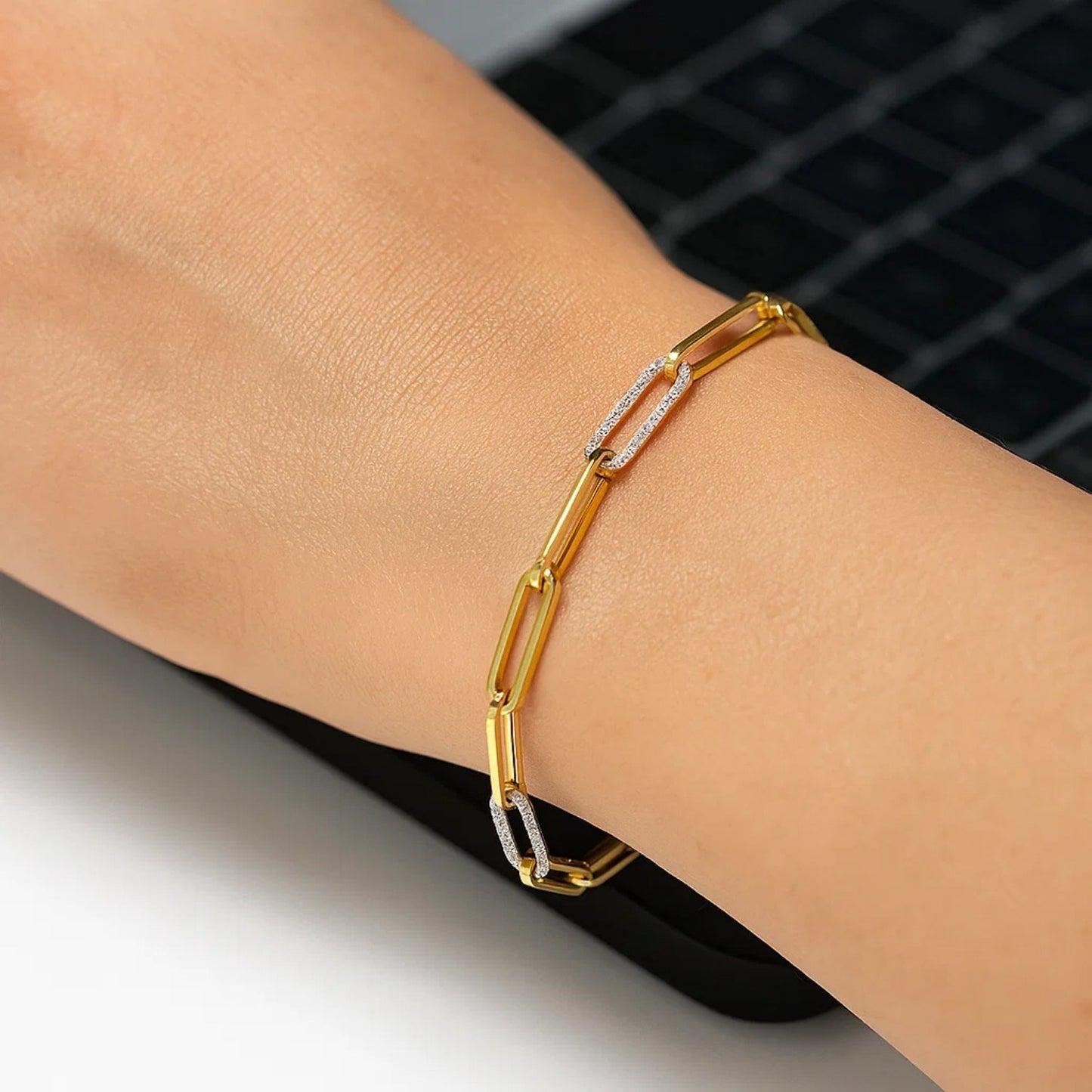 14k Yellow Gold inch Paperclip Chain Bracelet with Three Diamond Links (2.00 mm)