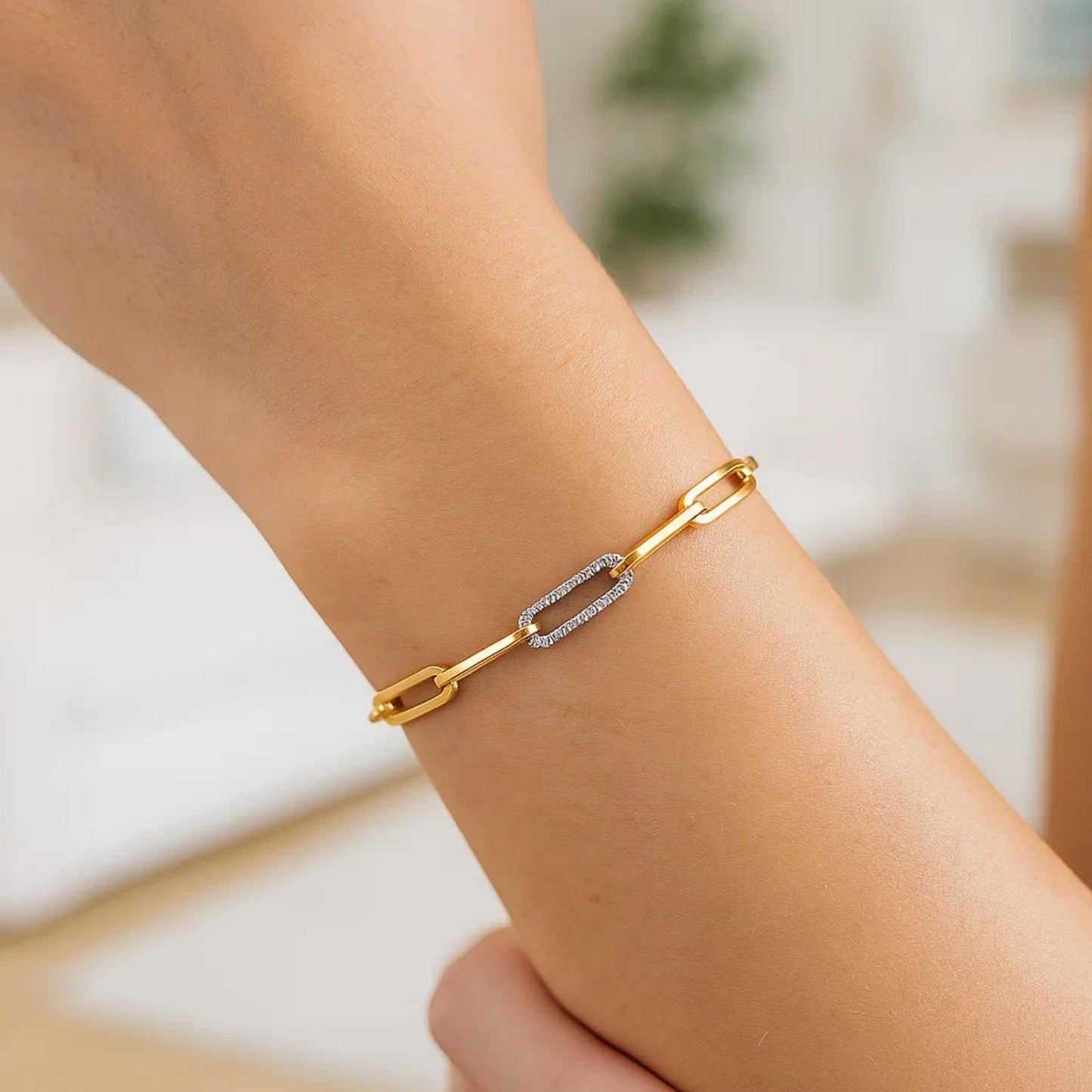 14k Yellow Gold inch Paperclip Chain Bracelet with Three Diamond Links (2.00 mm)