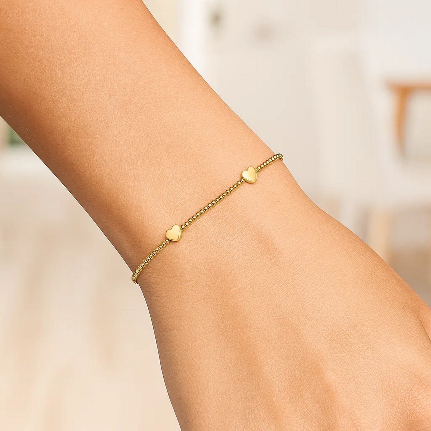 14K Yellow Gold Heart Station Bead Bracelet