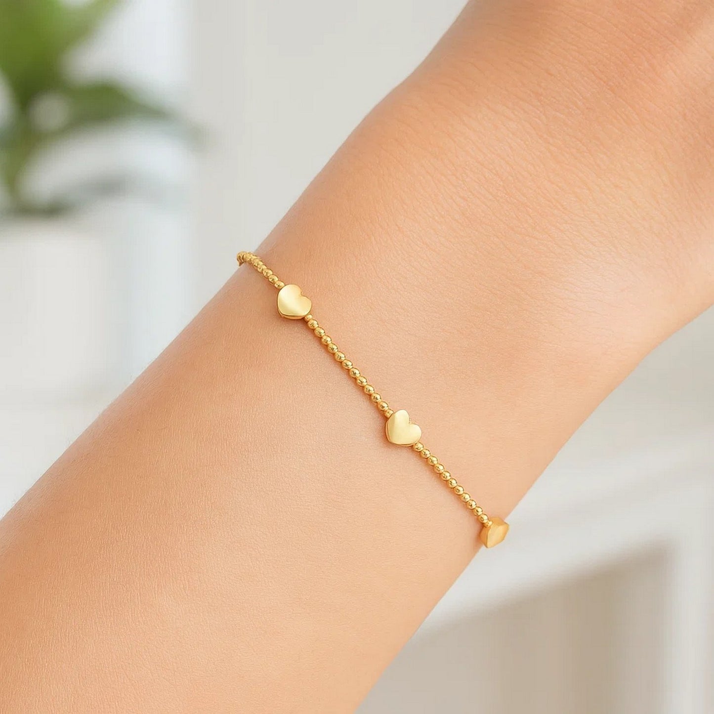 14K Yellow Gold Heart Station Bead Bracelet