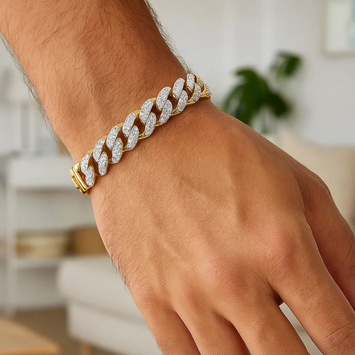 14k Two Tone Gold Curb Chain Bracelet with Diamond Pave Links (11.50 mm)