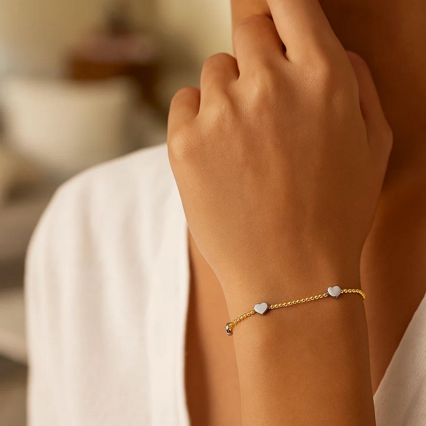 14K Yellow and White Gold Heart Bead Bracelet